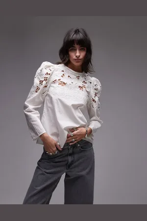 & OTHER STORIES Blusa blanca con detalle en el cuello y hombros y patrón floral calado de -Azul