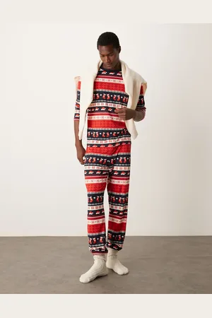 Urban Threads Pijama de pantalones y camiseta de manga larga con estampado de grecas alpinas de Navidad de poliéster de