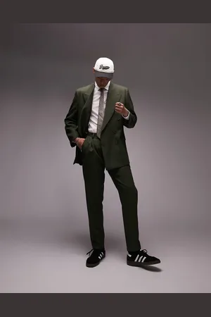 Topman Pantalones de traje caquis de corte tapered con pinzas de de tejido cálido de -Verde