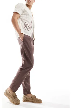 ASOS Chinos marrones de corte ancho con pinzas de mezcla de lino de