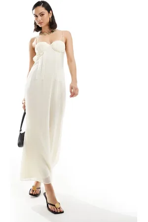 ASOS Vestido de tubo midi color marfil con diseño de paneles, copas y detalle de abertura de chifón de