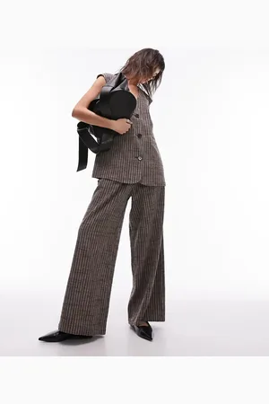 Topshop Pantalones marrones a rayas de pernera ancha con pinzas de lino de (parte de un conjunto)