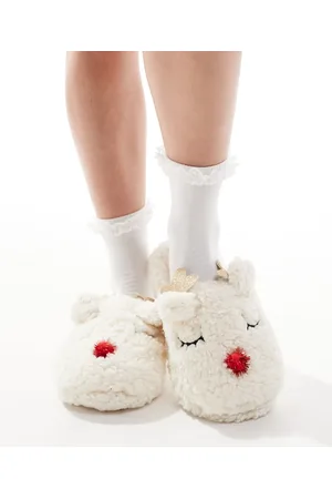SEQWL Pantuflas color con diseño de reno de -Blanco