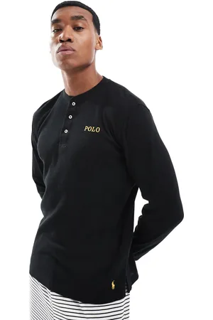 Ralph Lauren Camiseta de estar por casa negra de manga larga con cuello panadero y logo dorado de punto de arroz de -Negro