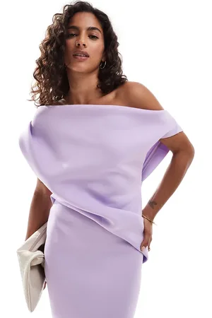 ASOS Vestido de tubo midi con hombro descubierto plisado de ASOS DESIGN Petite-Morado