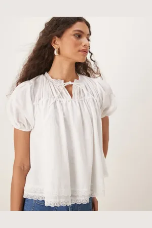 ASOS Blusa color con ribete de encaje de algodón de -Blanco