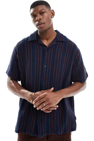 Wrangler Camisa azul marino a rayas holgada estilo resort de manga corta de plumeti de algodón de