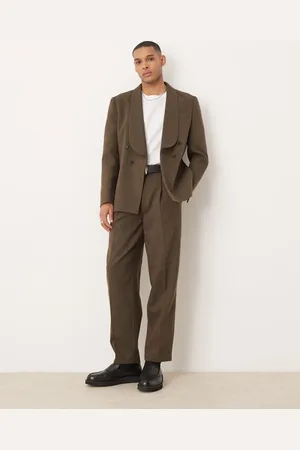 ASOS Pantalones de traje marrones de corte tapered extragrande con pinzas de tejido de espiga de lana de