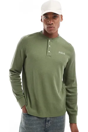 Ralph Lauren Camiseta de estar por casa verde oliva de manga larga con cuello panadero de punto de arroz de