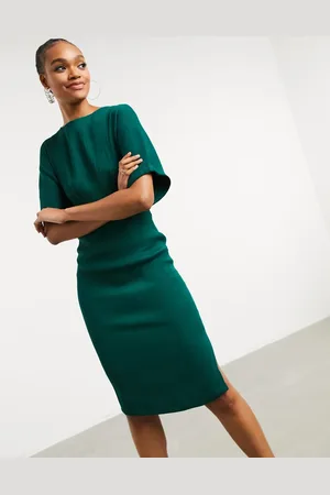 Closet Vestido de tubo de canalé verde esmeralda con cinturón anudado de