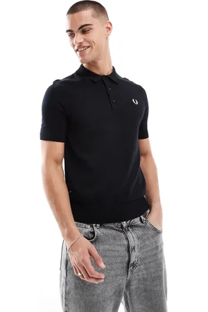Fred Perry Camisa negra de manga corta con cuello tipo polo de punto de