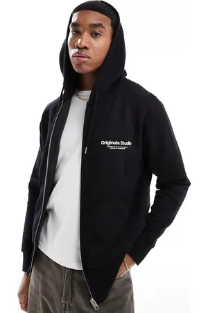 JACK & JONES Sudadera negra extragrande con capucha y cremallera de