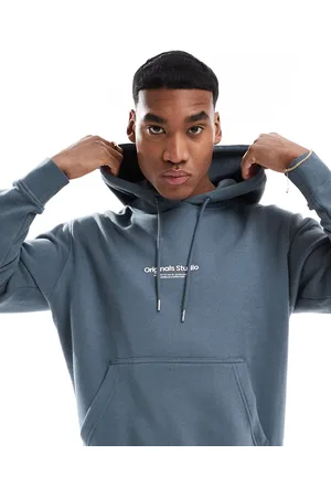 JACK & JONES Sudadera azul cerceta extragrande con capucha y logo en el pecho de