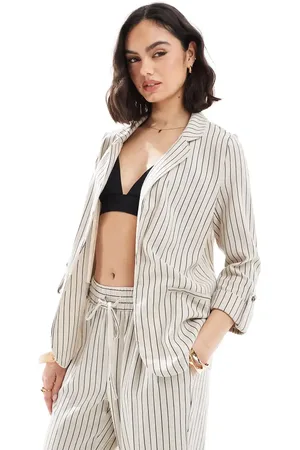 VERO MODA Americana de sastre color crema a rayas de tejido efecto lino Mix & Match de (parte de un conjunto)-Neutro