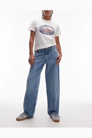 Topshop Vaqueros descoloridos de talle bajo y corte holgado con detalle regulable de -Azul