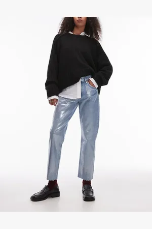 Topshop Vaqueros capri descoloridos de talle medio y corte recto con acabado metalizado de -Azul