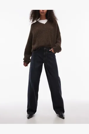 Topshop Vaqueros negro tinta de talle bajo y corte holgado con detalle regulable de -Azul marino