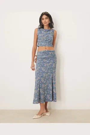 ASOS Falda larga azul drapeada y fruncida con estampado floral de (parte de un conjunto)-Multicolor