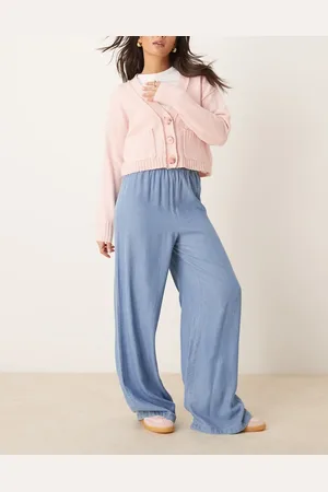 VILA Pantalones azul denim claro de pernera ancha y cinturilla elástica de cambray de