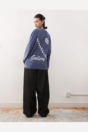 COLLUSION Camiseta azul oscuro lavado holgada de manga larga con estampado gráfico de