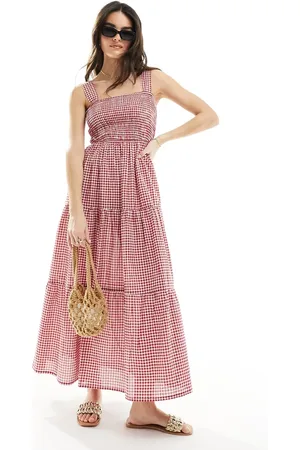 Esmée Vestido playero largo cereza a cuadros vichy escalonado exclusivo de