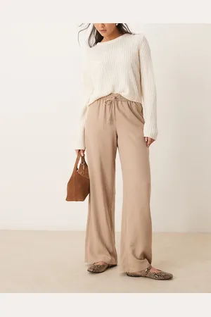 VILA Pantalones color tostado de pernera ancha con lazada en la cintura y raya diplomática blanca de -Neutro