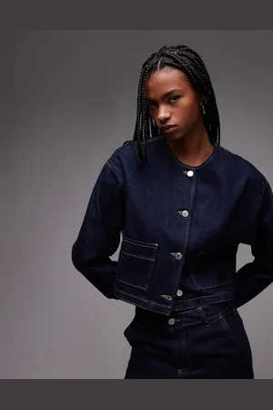 MANGO Chaqueta vaquera azul añil con pespuntes en contraste de