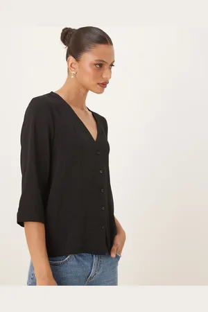 JDY Camisa negra con mangas 3/4 de tejido texturizado de