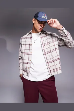 ASOS Camisa color a cuadros rojos de corte cuadrado estándar de franela gruesa cepillada de -Beis neutro