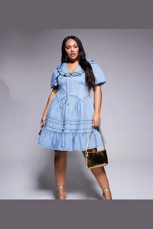 ASOS Vestido vaquero corto con mangas abullonadas y solapas de Curve-Negro
