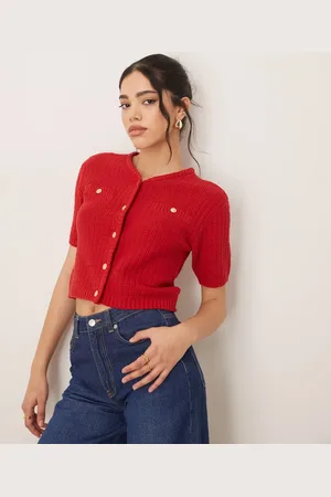 VILA Top rojo estilo cárdigan de manga corta de punto de bouclé de