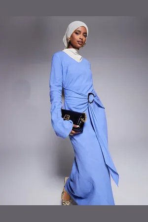 DASKA Vestido largo azul claro de manga larga con detalle de cinturón de