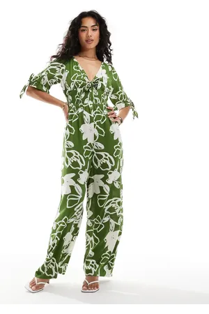 ASOS Mono largo verde con cinturilla fruncida y estampado floral de -Multicolor