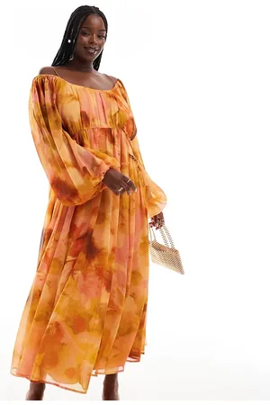 ASOS Vestido largo naranja con estampado floral, cuello ancho e inserto fruncido en la cintura de ASOS DESIGN Curve-Multicolor