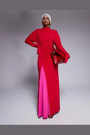 DASKA Vestido largo rojo y rosa con cuello alto exclusivo de -Multicolor