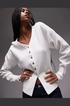 Topshop Cárdigan color de corte alargado con cuello de pico y cintura entallada de punto compacto de -Blanco
