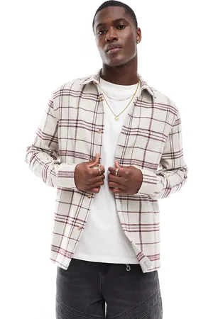 ASOS Camisa color crema de corte estándar con estampado de cuadrícula de franela cepillada de -Beis