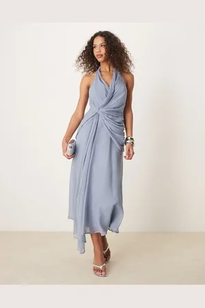 ASOS Vestido midi azul negruzco escotado con cuello halter y detalle drapeado de