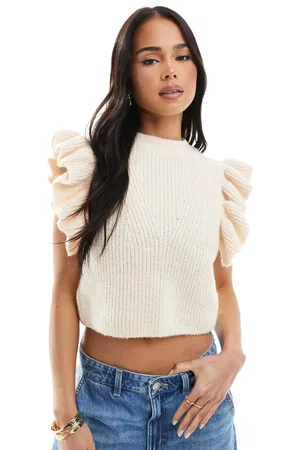 Miss Selfridge Top color sin mangas con volantes de punto de -Blanco