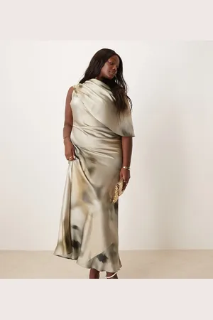 ASOS Vestido largo con , detalle tipo capa y cuello barco de satén de ASOS DESIGN Curve-Multicolor