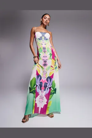 AFRM Vestido largo con body incorporado y estampado tropical de malla Shea de -Multicolor