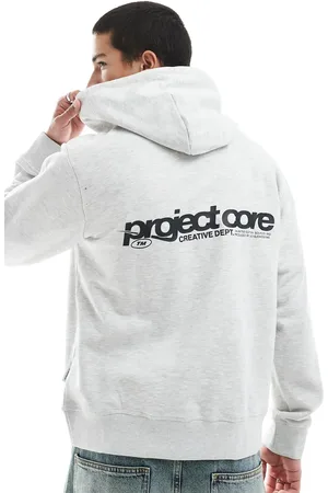 JACK & JONES Sudadera gris extragrande con capucha y estampado trasero de texto de