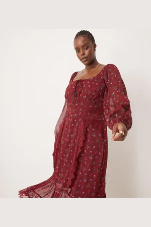 ASOS Vestido midi de manga larga con estampado de florecitas, lazada delantera e insertos de encaje de ASOS DESIGN Curve-Rojo