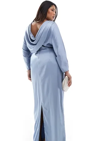 TFNC Vestido de dama de honor largo azul empolvado con espalda desbocada de