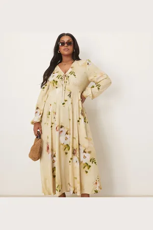 ASOS Vestido midi de manga larga con cuello de pico, estampado floral y lazada delantera de ASOS DESIGN Curve-Multicolor