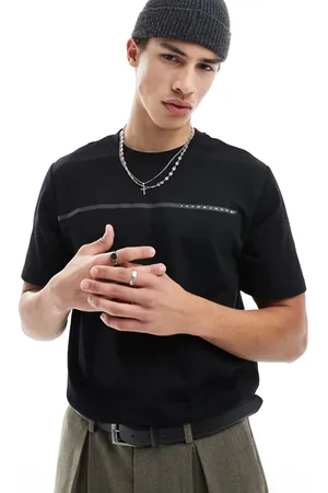JACK & JONES Camiseta negra extragrande con logo de raya en el pecho de