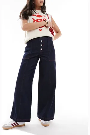 ASOS Vaqueros de pernera ancha con enjuagado y pespuntes rojos de -Azul