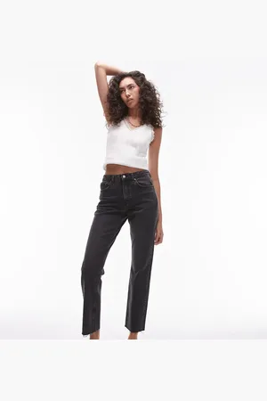 Topshop Vaqueros capri negro lavado de corte recto y talle medio con bajos sin rematar de