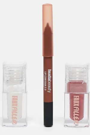 HUDA BEAUTY Set de delineador de labios tono Warm Brown, brillo de labios Faux Filler Gloss tono Bombshell y brillo de labios Faux Filler Gloss tono Glassy Lip Trio de -Rosa