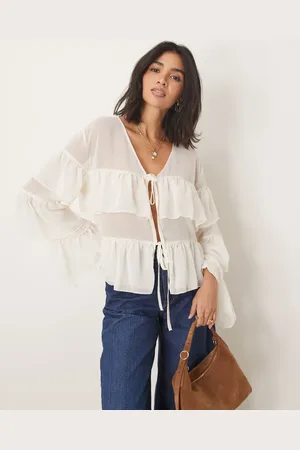 ASOS Blusa color de estilo bohemio con volantes de chifón de -Blanco